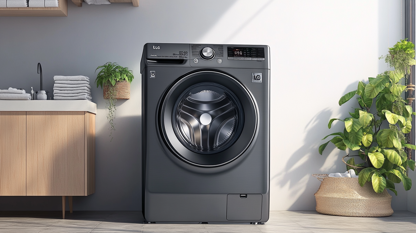 현대적인 세탁실 환경에서 에너지 효율적인 LG 통돌이 세탁기가 강력한 모터와 통살균 기능을 강조하며 배치된 모습.