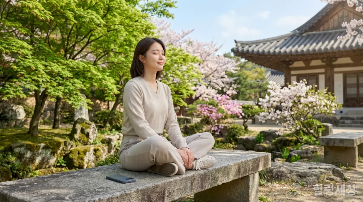 MZ세대 여성이 사찰 정원에서 스마트폰을 내려놓고 명상하며 평화롭게 쉬는 모습