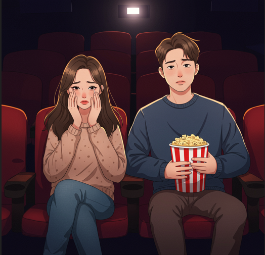 감동 영화를 보고 있는 여자와남자 일러스트