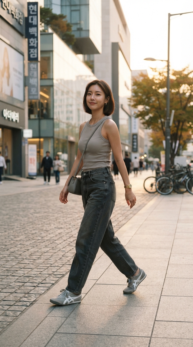 Full body street style photo of a young Korean woman in a desert gray toned outfit, minimal top, curved denim, low-profile sneakers, clean urban street background, golden hour lighting, editorial fashion photography