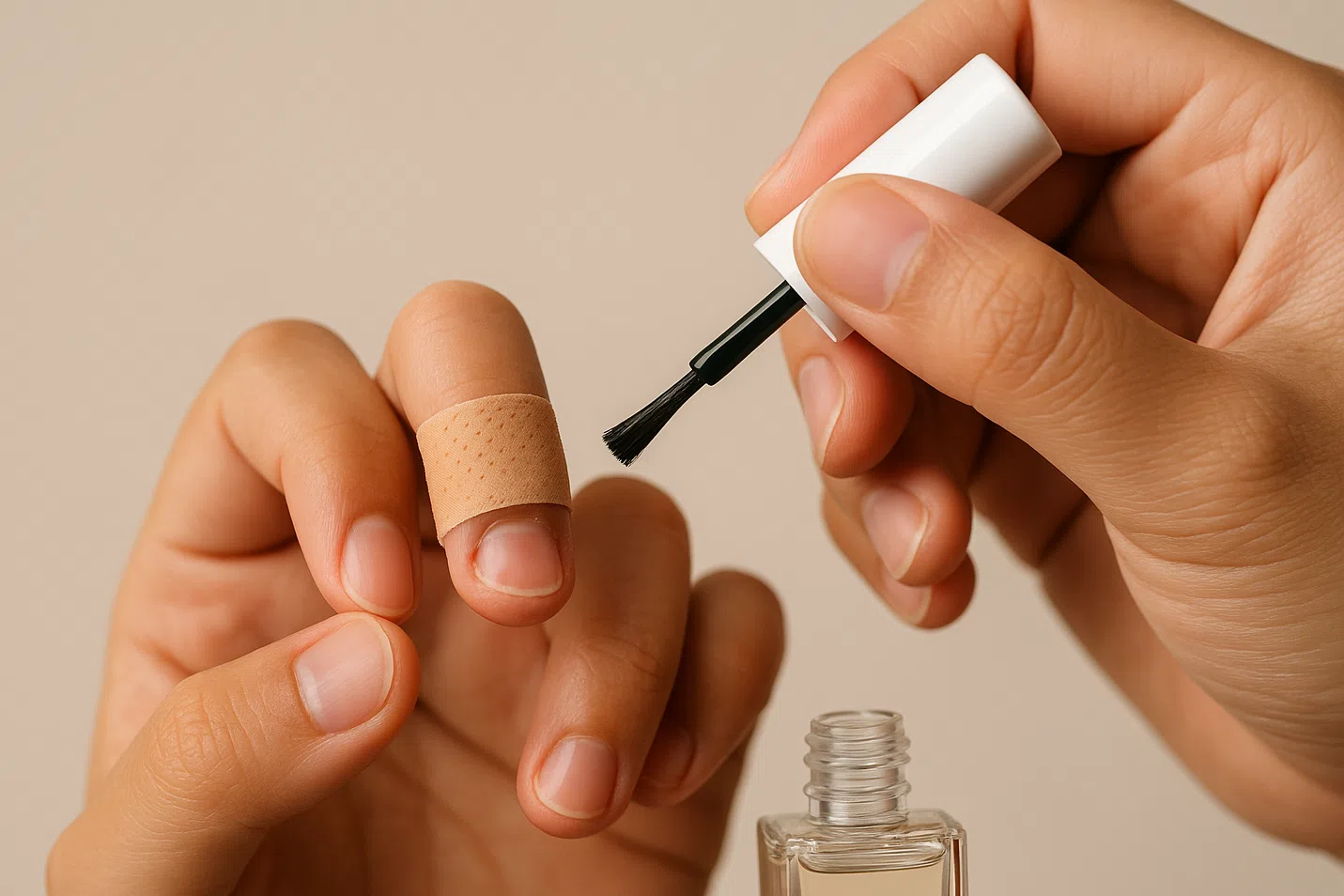 손톱에 밴드를 붙인 손, 쓴맛 매니큐어를 바르는 모습