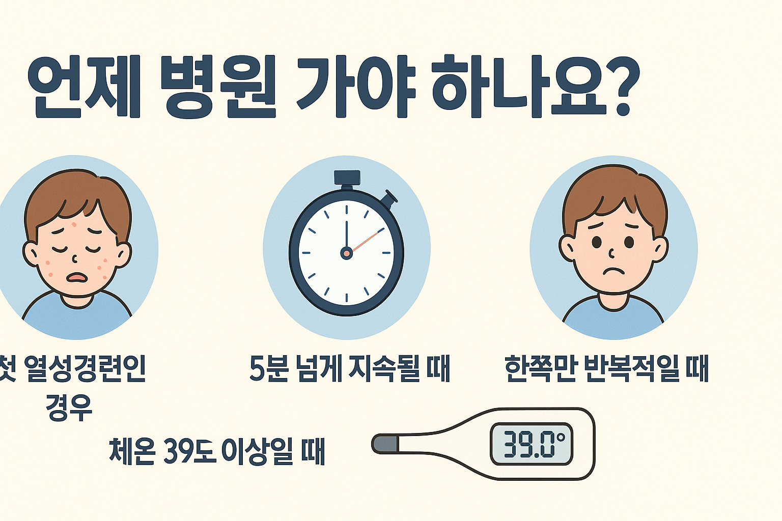 열성경련 시 병원에 가야 하는 상황을 요약한 16:9 인포그래픽 – 첫 경련, 5분 이상 지속, 한쪽만 반복, 체온 39도 이상 등