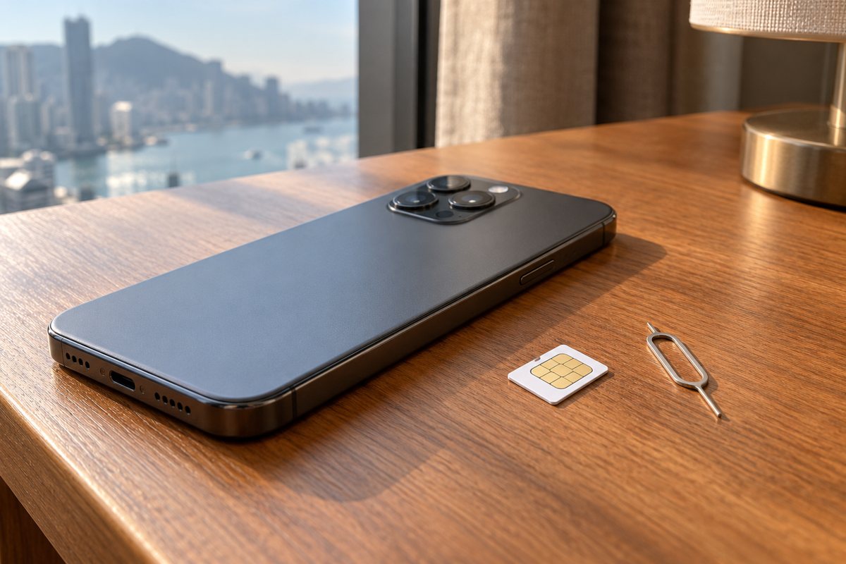 AI-generated smartphone, SIM card and eject tool on a desk.