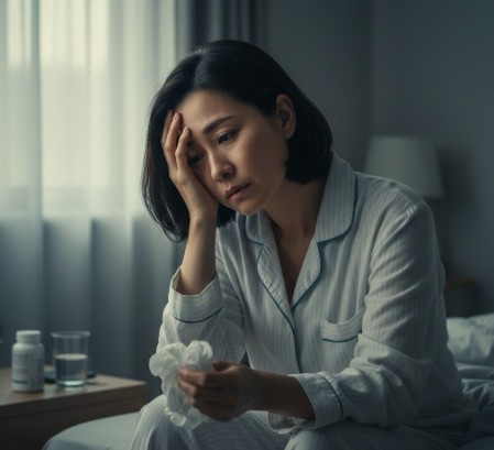 40대 여성이 갱년기에 접어들어 힘들어 하고 있다