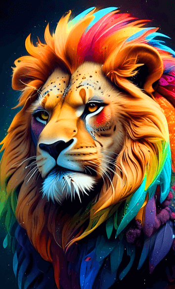 털이 크고 웅장하게 생긴 숫사자의 멀굴이다. 갈색털과 염색한 하늘색, 붉은색 털들이 가득하다.