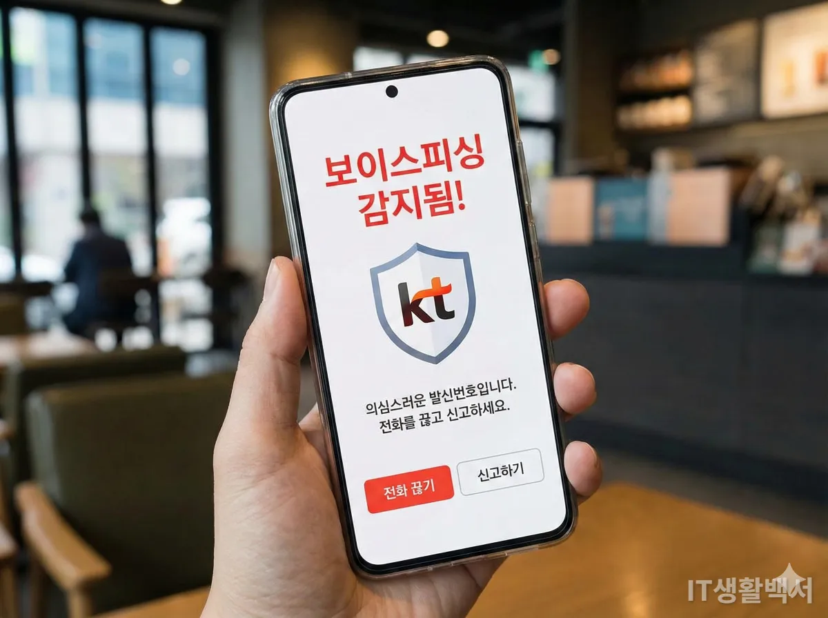 스마트폰 화면에 뜬 보이스피싱 탐지 경고 알림과 보안 방패 아이콘