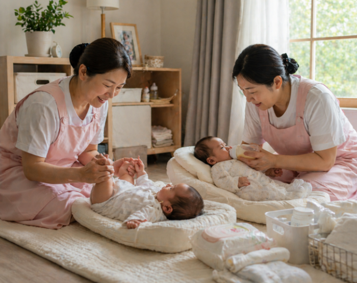 신생아 쌍둥이 돌보는 산후도우미, 분유 수유와 아기 케어 장면