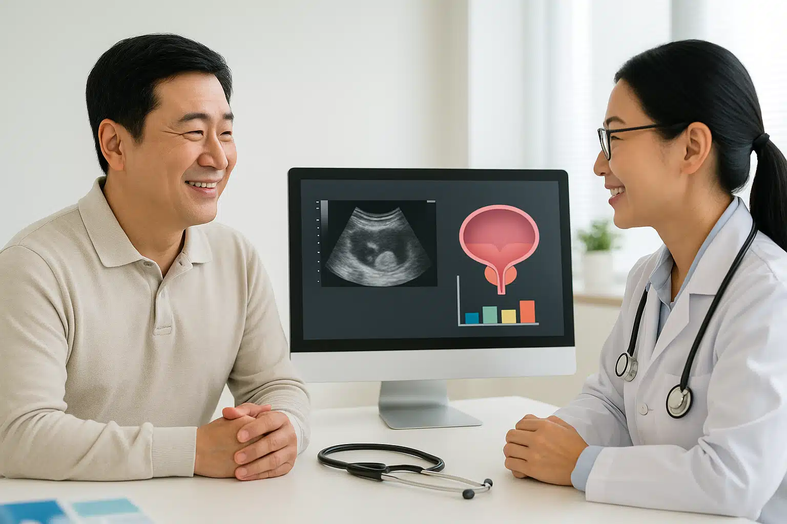 비뇨의학과 진료실에서 의사와 상담하는 중년 남성, 모니터에 전립선 초음파 이미지와 PSA 검사 수치가 보이는 장면
