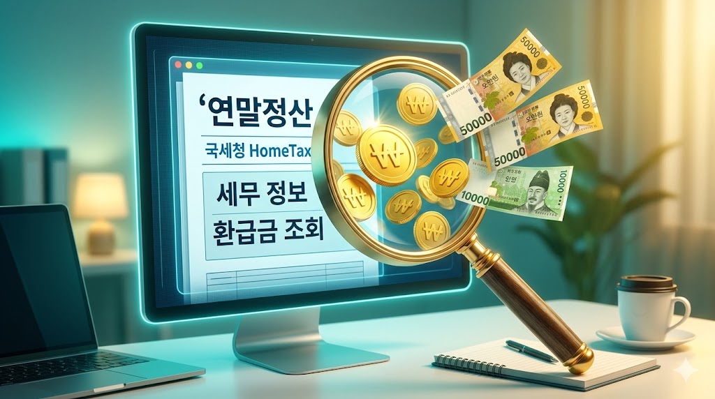 5월 종합소득세 신고 기간을 통해 2월 연말정산 누락분을 직접 신고하고 숨은 세금 환급금을 100% 현금으로 돌려받는 방법을 상징하는 돋보기와 금화 이미지