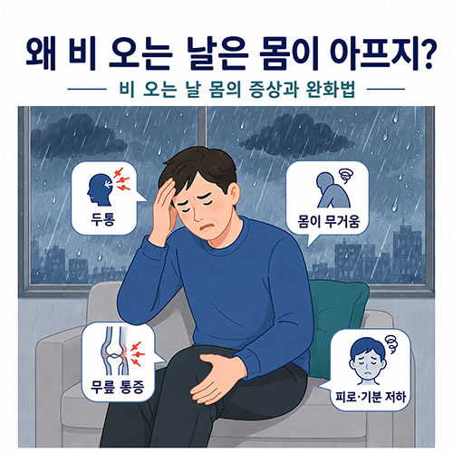 비 오는 날 두통과 무릎 통증을 호소하고 있는 남자