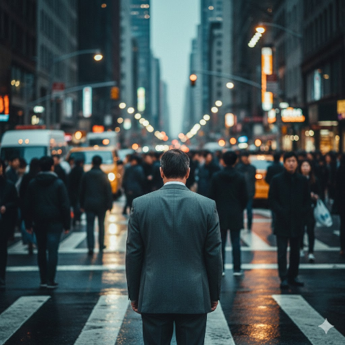 복잡한 거리에서 혼자 고립된 느낌의 뒷모습