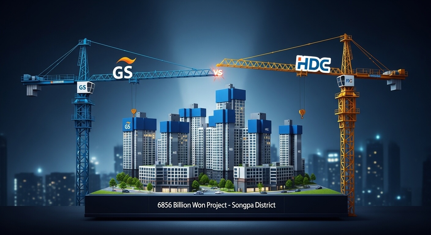 GS건설,HDC 건설의 크레인 사이로 송파재건축 건물이 보인다. 6856억 프로젝