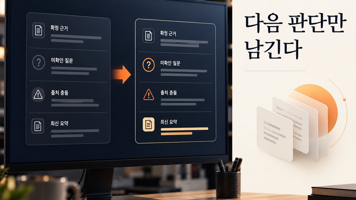 확정 근거와 미확인 질문, 출처 충돌을 최신 연구 상태로 정리하는 요약 스키마