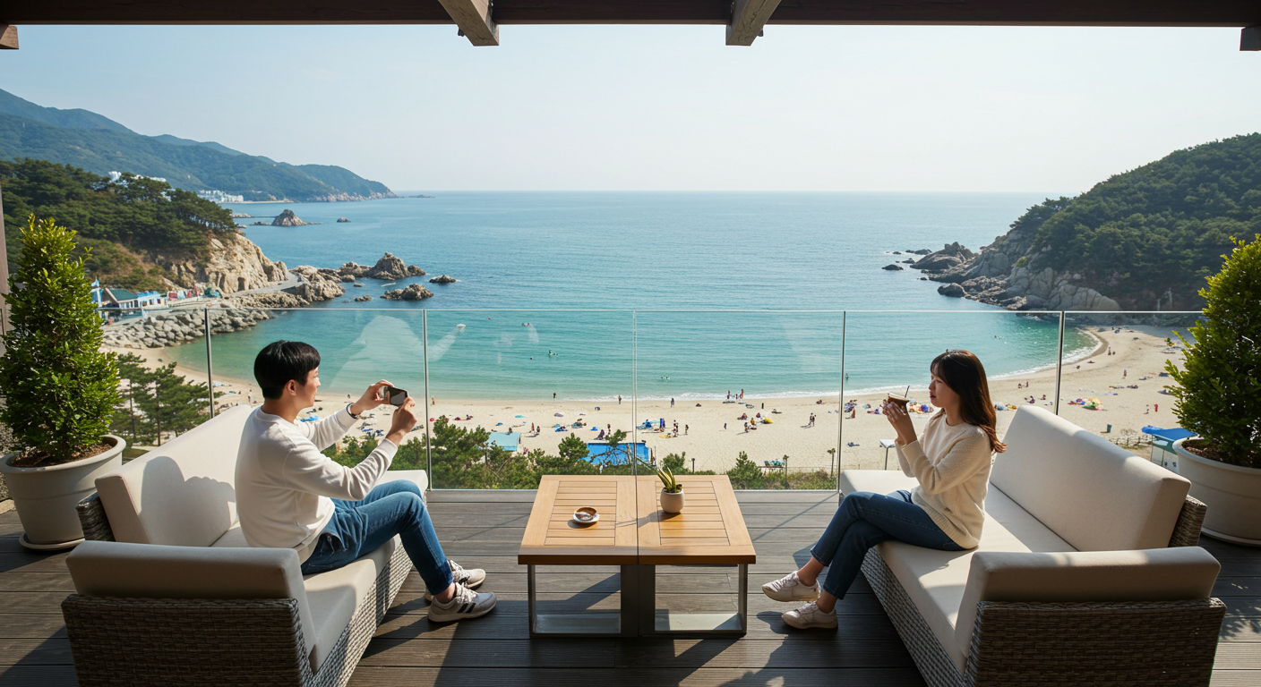 강원도 동해안 바다뷰 카페 테라스에서 한국인 커플이 바다를 감상하는 모습