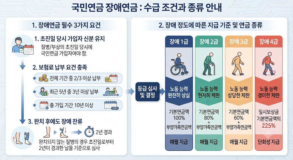 장애연금 필수 요건 3가지(초진일, 보험료 납부) 및 등급별 급여 종류