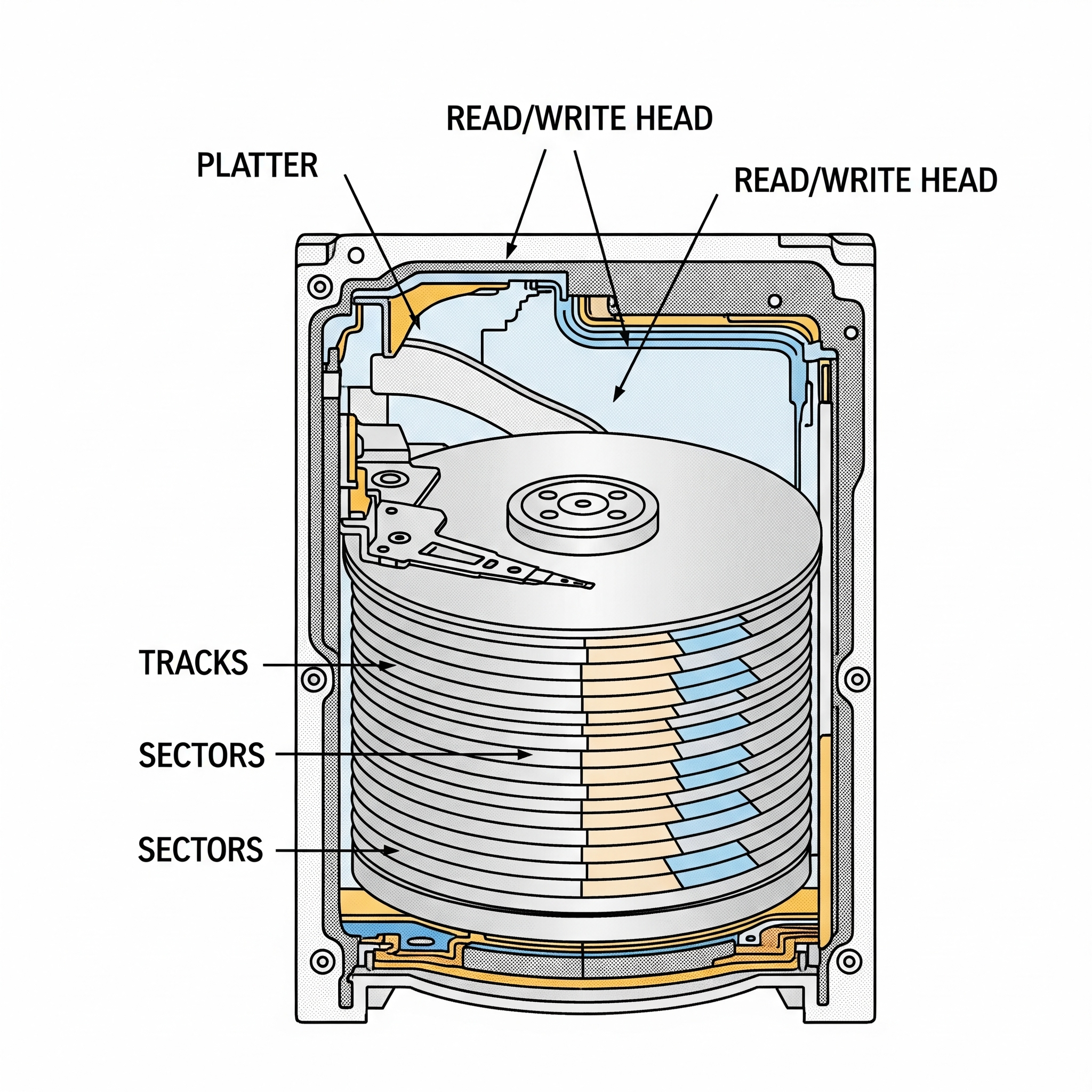 하드 디스크 드라이브(HDD)의 내부 구성 요소: 플래터, 헤드, 트랙, 섹터 등을 보여주는 해부도
