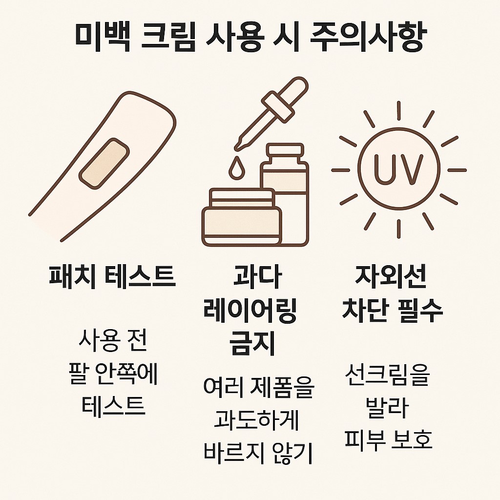 미백 크림 사용 시 주의사항: 패치 테스트, 과다 레이어링 금지, 자외선 차단 필수