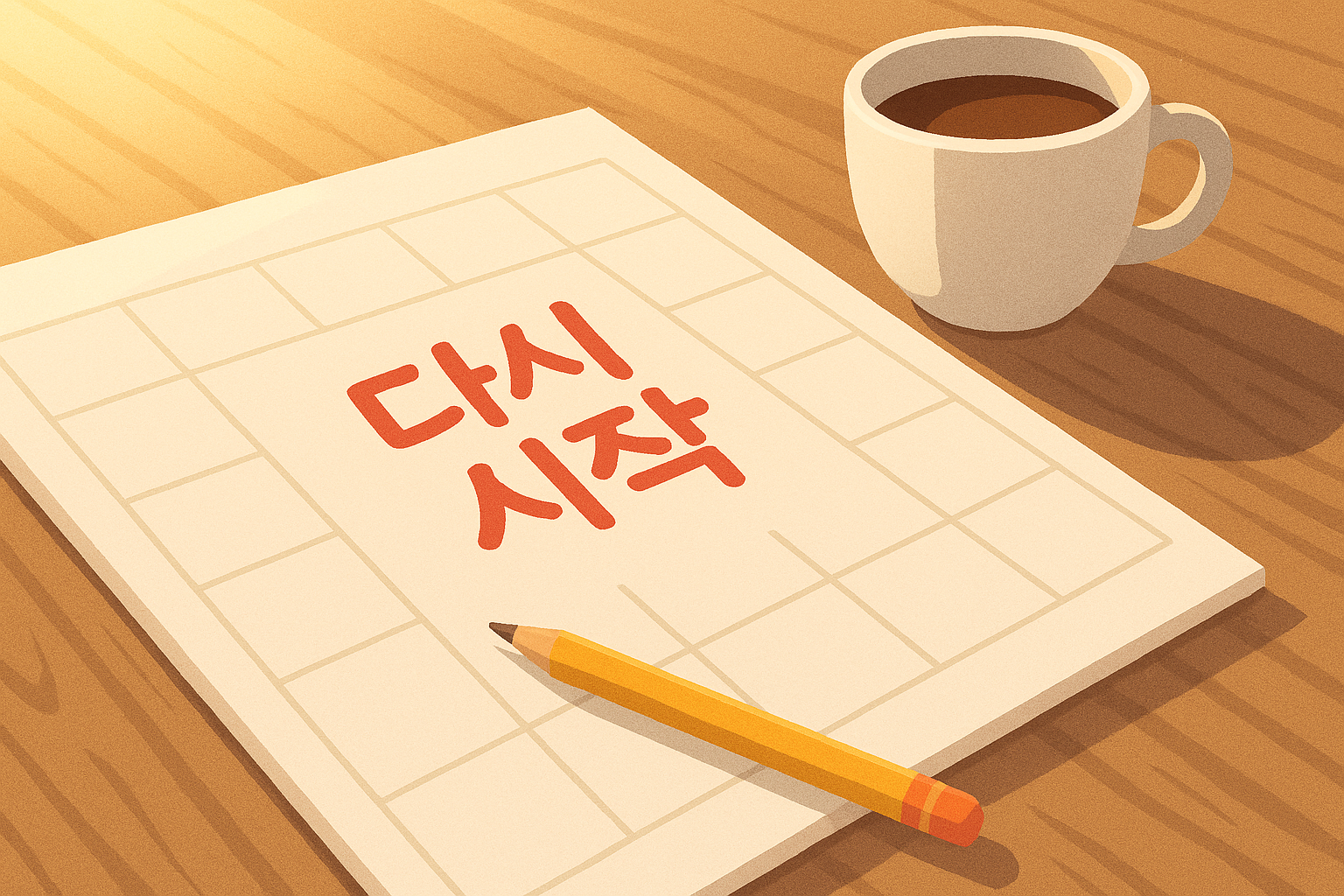 달력 위에 ‘다시 시작’이라는 글자가 적혀 있고, 옆에 커피잔과 연필이 놓인 장면. 새로운 결심과 꾸준함을 상징하는 감성 일러스트