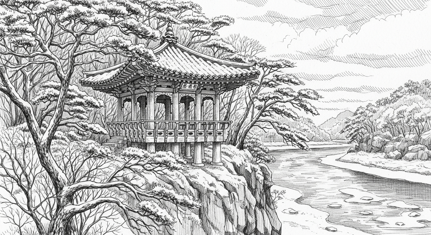 오십천 절벽 위에 위치한 국보 삼척 죽서루의 고즈넉한 겨울 풍경
