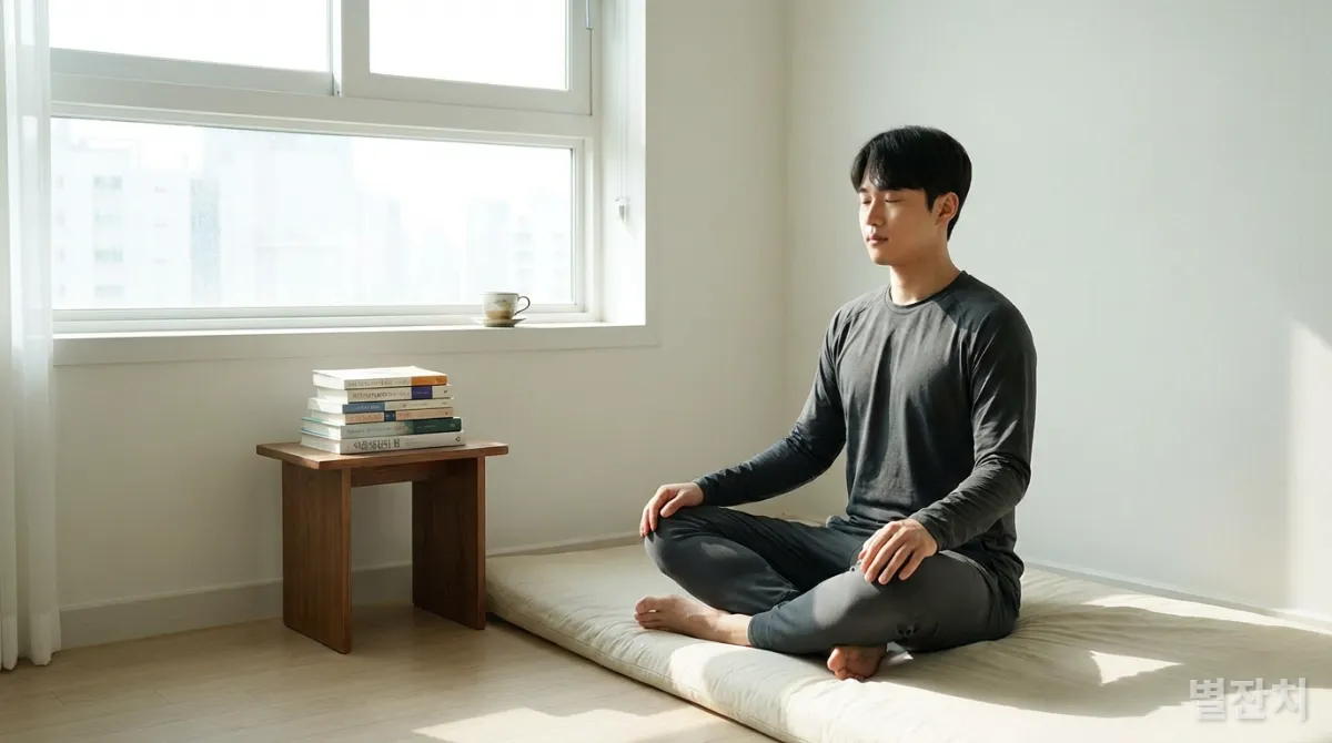 30대 한국 남성이 미니멀한 아파트에서 명상하는 모습
