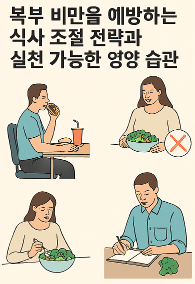 복부 비만 예방에 도움이 되는 식사 조절 장면을 시각적으로 표현
