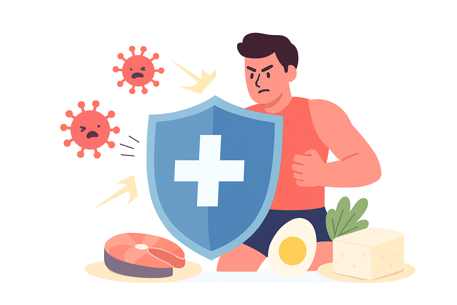 방패를 든 사람이 단백질 식품 앞에서 병원균을 막아내는 모습. 면역력 향상을 상징
