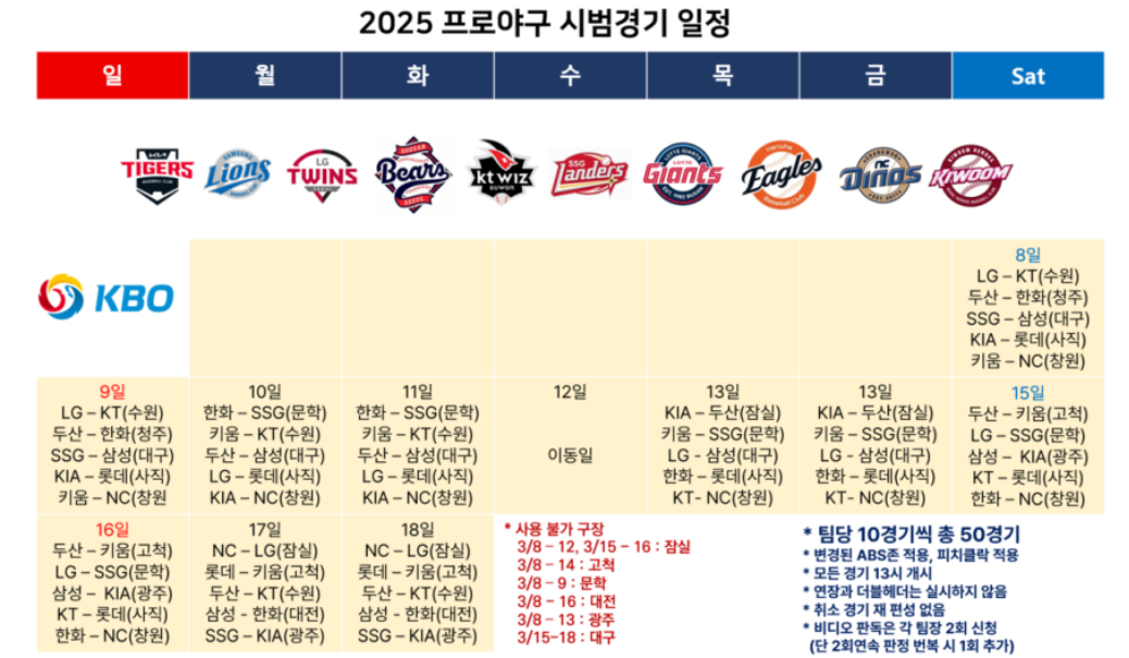 2025 프로야구 시범경기 일정표