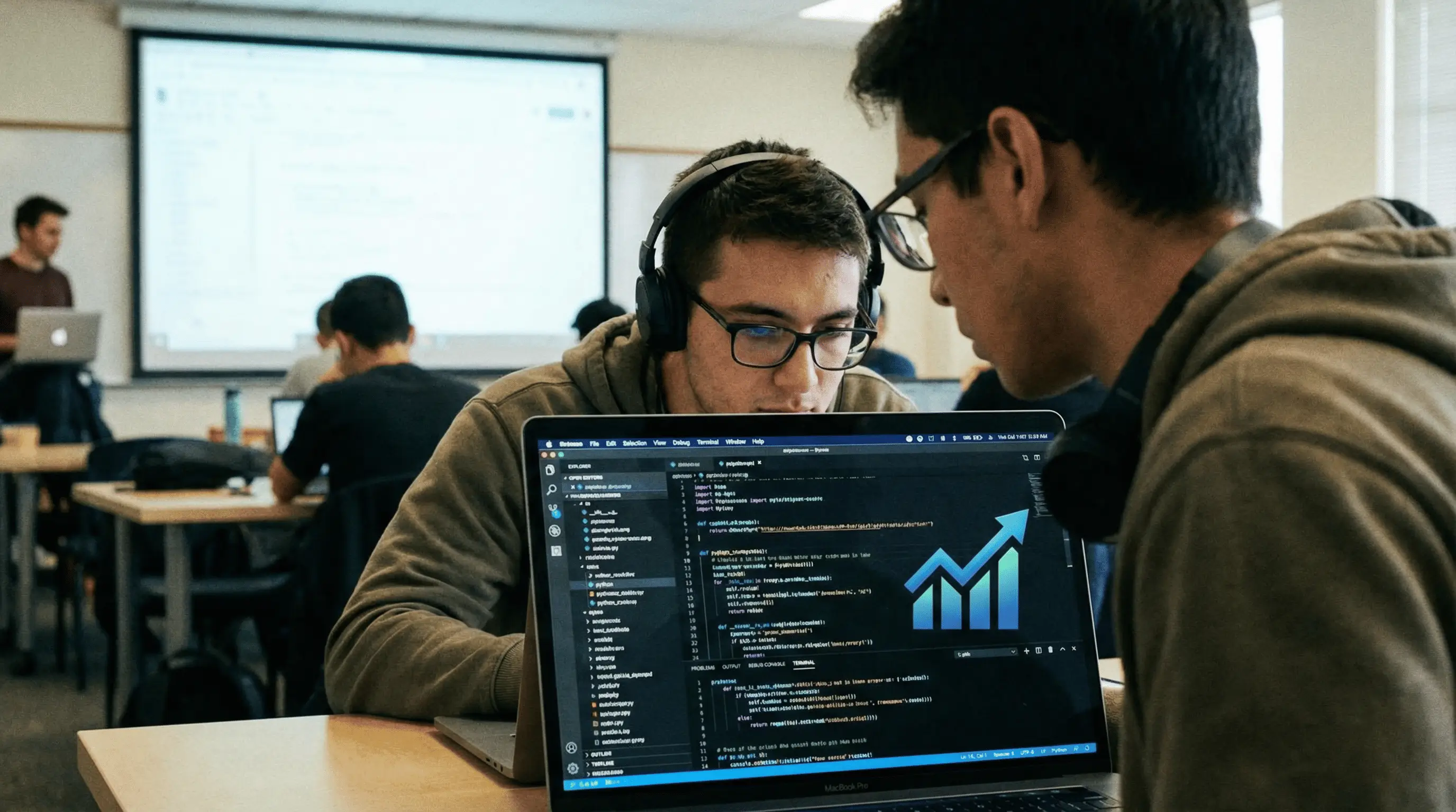 코딩 수업을 들으며 노트북 화면을 집중해서 보고 있는 청년, 화면에는 복잡한 코드와 상승하는 그래프 아이콘