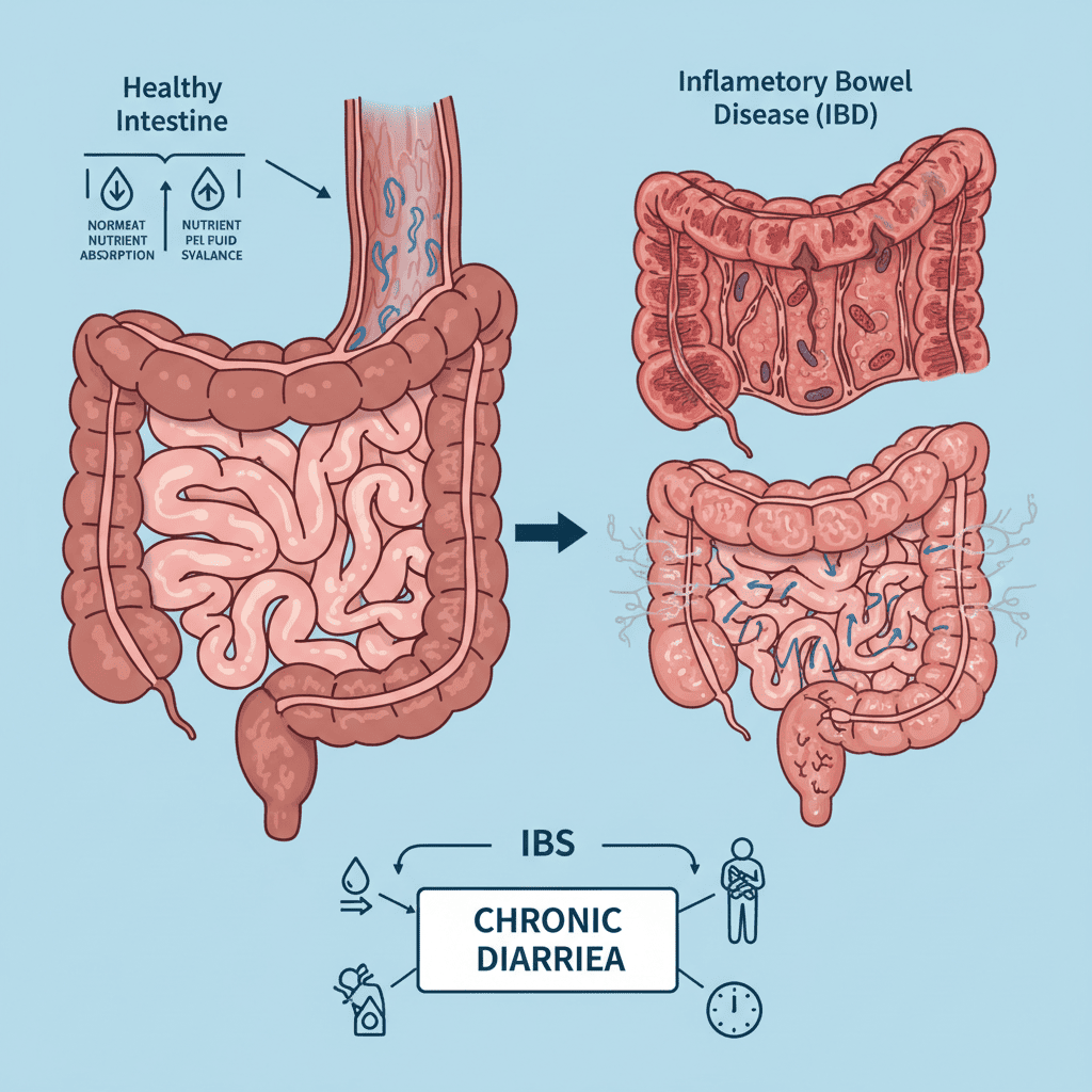 장의 구조를 보여주고, 염증성 장 질환(IBD), 과민성 장 증후군(IBS) 등 만성설사의 주요 원인을 시각화한 이미지
