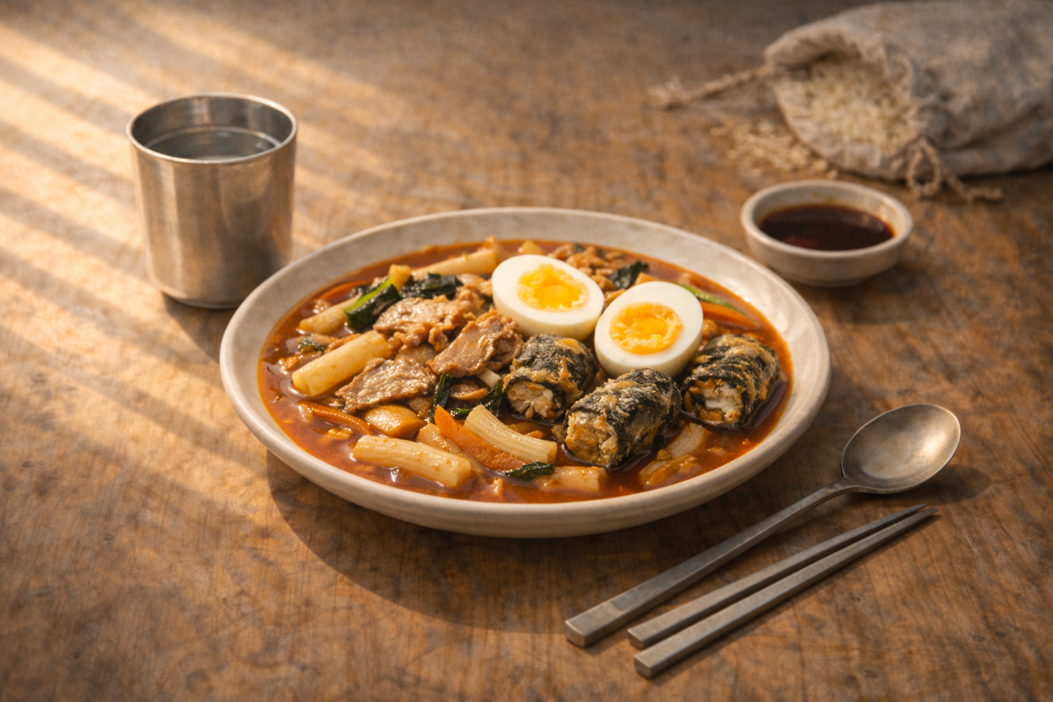 반숙 계란과 돼지고기, 오뎅과 김말이를 더한 국물 떡볶기 한 그릇, 간식이 아닌 한 끼로 완성된 집밥 식사의 구조 기록