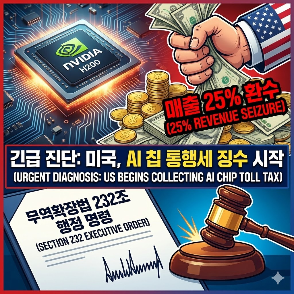 트럼프 대통령의 무역확장법 232조 서명과 특정 첨단 반도체(H200 등) 매출의 25%를 미국 정부가 환수하는 조치를 요약한 1:1 비율의 정보성 블로그 썸네일 이미지