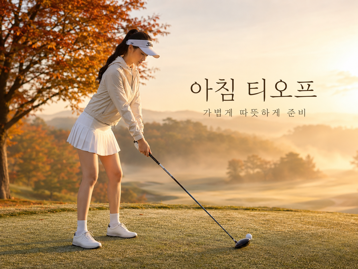 가을 이른 아침 골프장에서 바람막이를 입고 티오프를 준비하는 여성 골퍼
