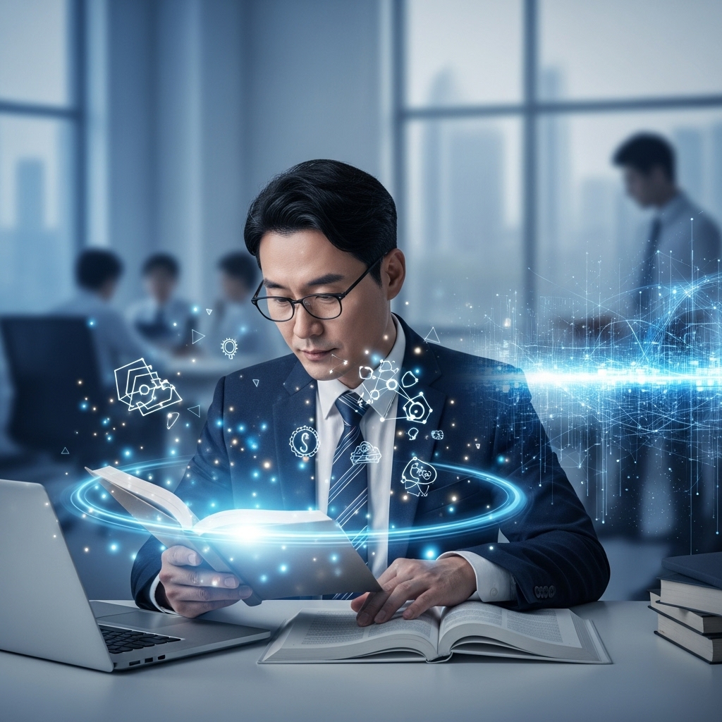 40대 직장인이 노트북과 책을 앞에 두고 평생 학습 로드맵을 통해 자격증을 취득하며 성공적으로 커리어 전환을 이룬 모습을 보여주는 이미지. 지식과 성장을 상징하는 푸른빛 아우라가 인상적이다.