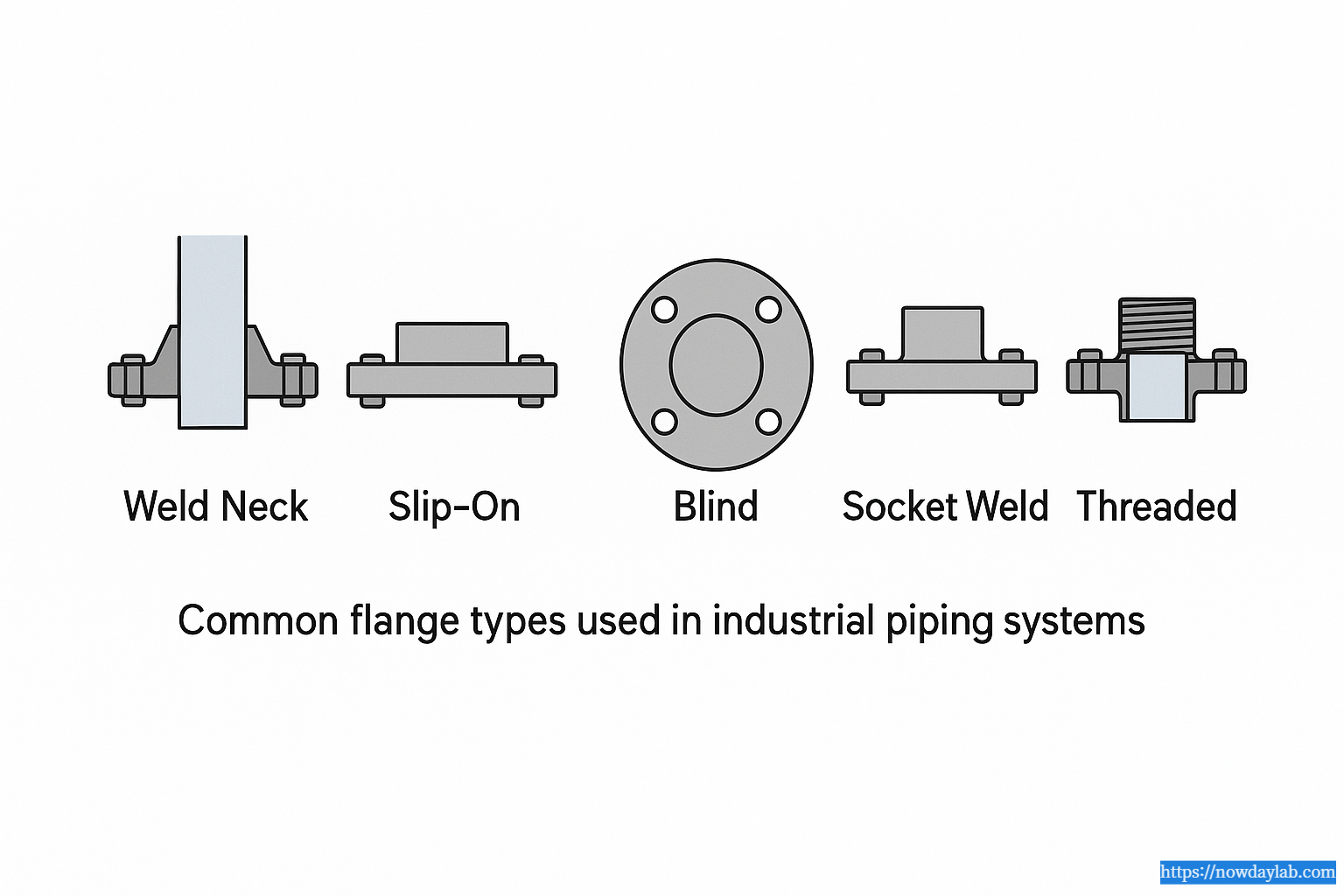 Illustration showing flange types – Weld Neck, Slip-On, Blind, Socket Weld, Threaded.