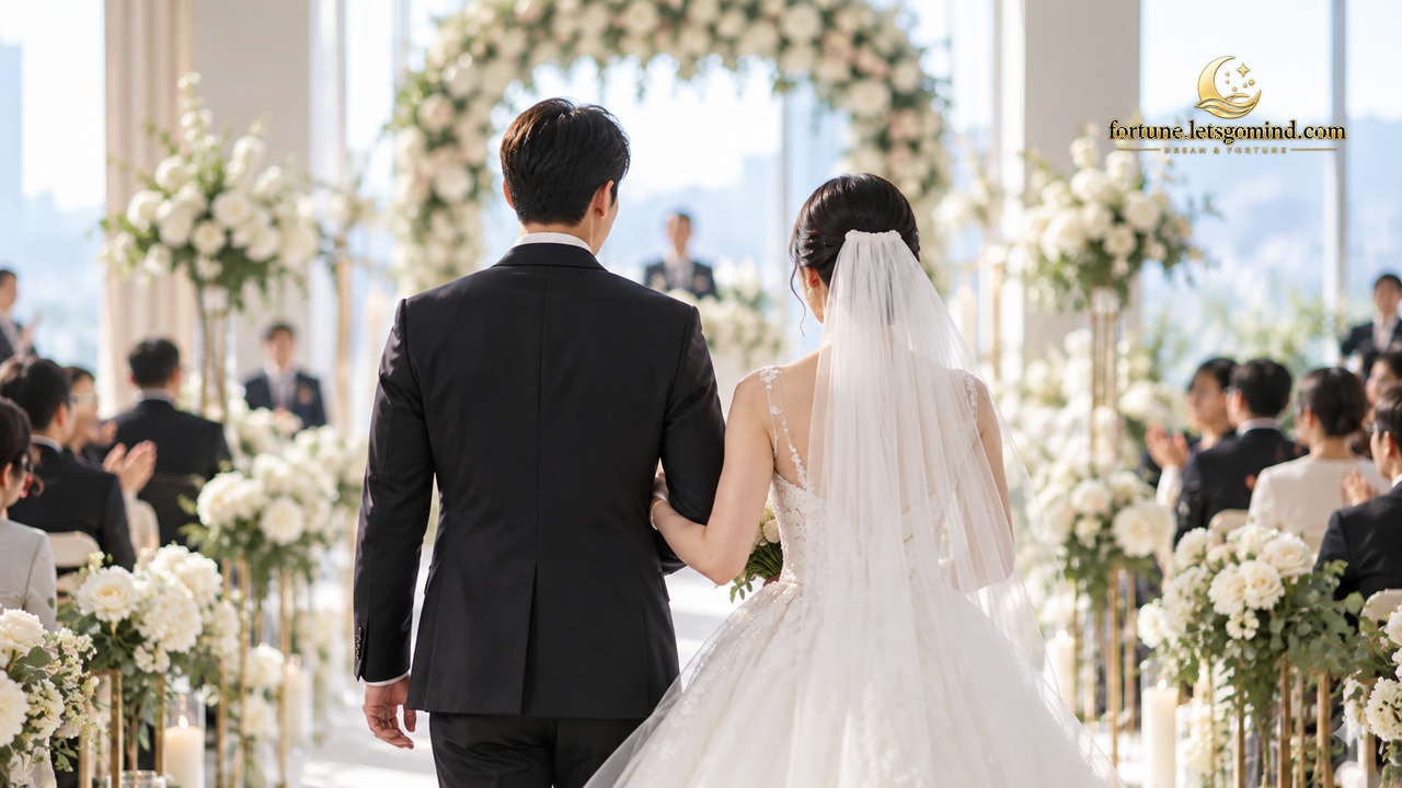 신랑 신부가 하객들 사이를 지나 결혼식을 올리는 꿈 장면
