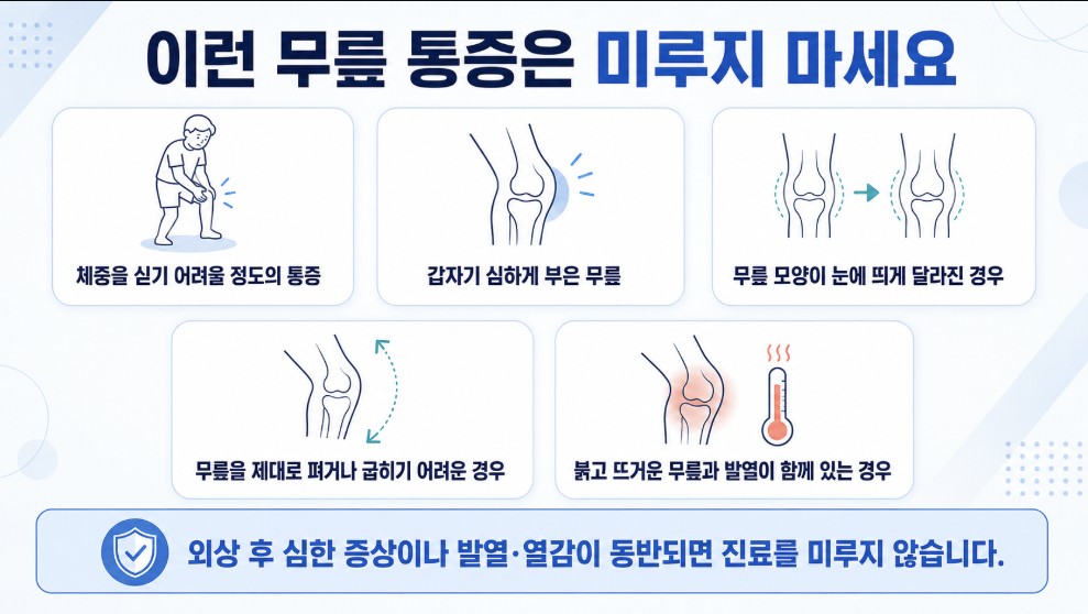 무릎 통증과 함께 심한 붓기 열감 발열 체중을 싣기 어려운 증상이 있을 때 진료가 필요한 상황