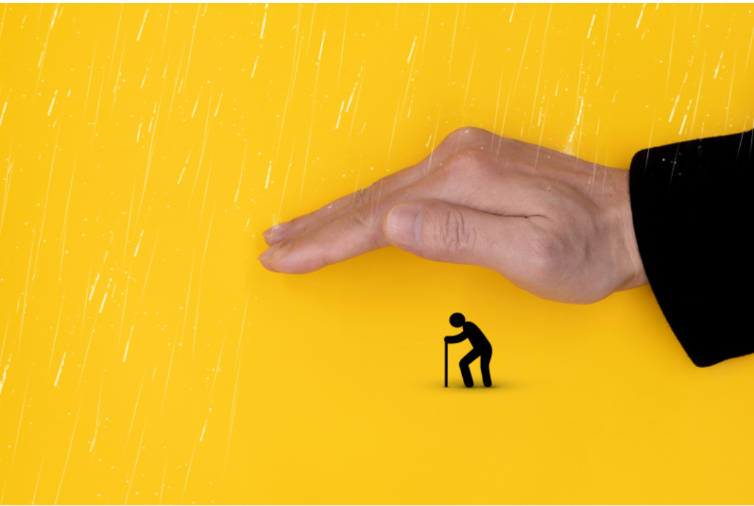노인 아이콘이 있고 비가 오는 걸 큰 손이 막아주고 있다.