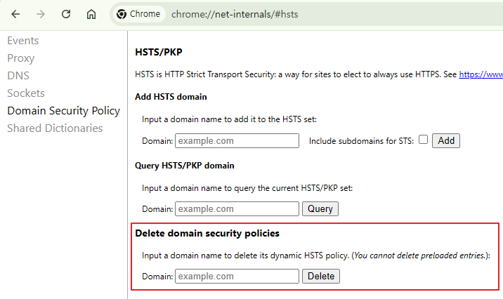 delete domain security policies screen