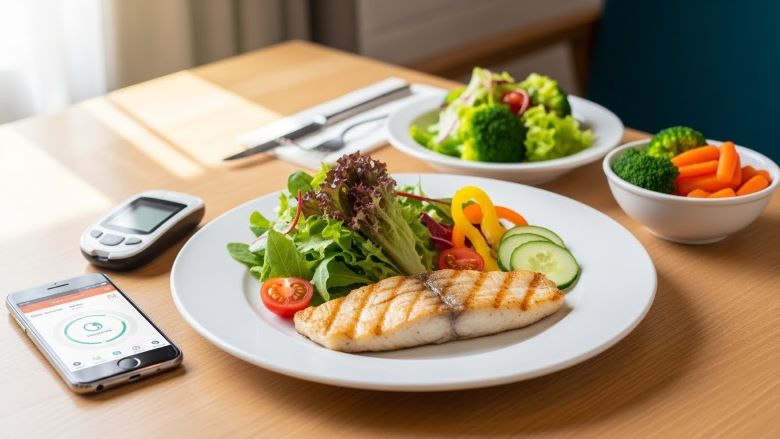 식탁 위 당뇨 관리 식단 - 그릴 생선과 신선한 샐러드 접시, 혈당 측정기, 스마트폰 건강 앱, 채소 반찬이 놓인 실생활 당뇨병 혈당 관리 및 건강한 식사 장면