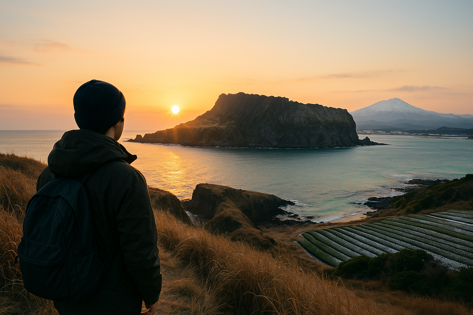 해돋이 빛 아래 성산일출봉을 바라보는 여행자와 눈 덮인 한라산, 녹차밭, 에메랄드빛 해변이 한 프레임에 담긴 제주 겨울 풍경