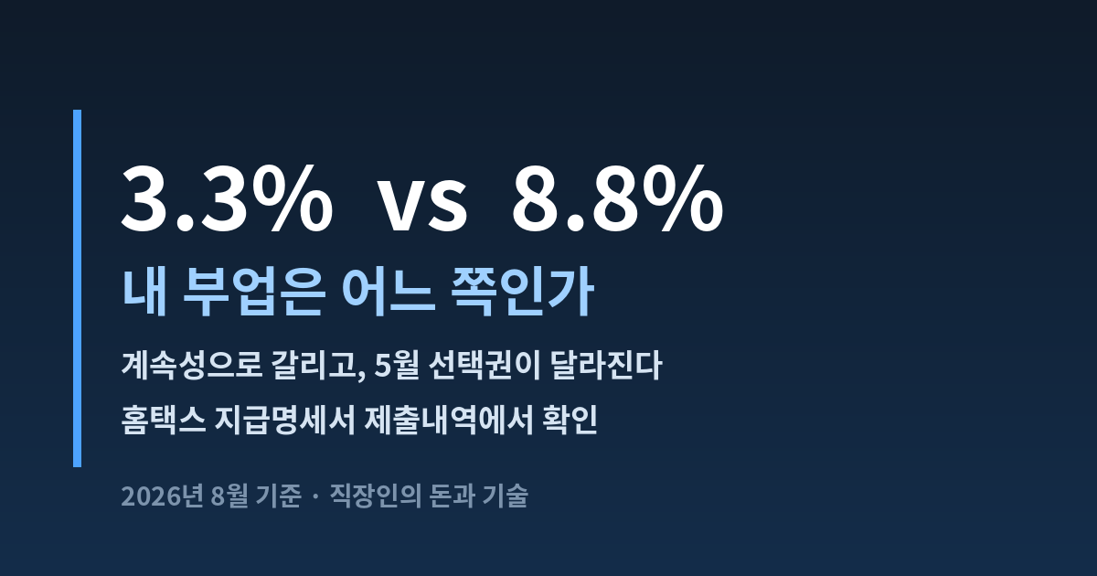 어두운 남색 배경에 "3.3% vs 8.8% 내 부업은 어느 쪽인가"라는 제목과 확인 방법 안내가 적힌 블로그 대표 이미지