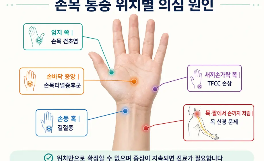 엄지 쪽 손바닥 중앙 새끼손가락 쪽 등 손목 통증 위치별 원인