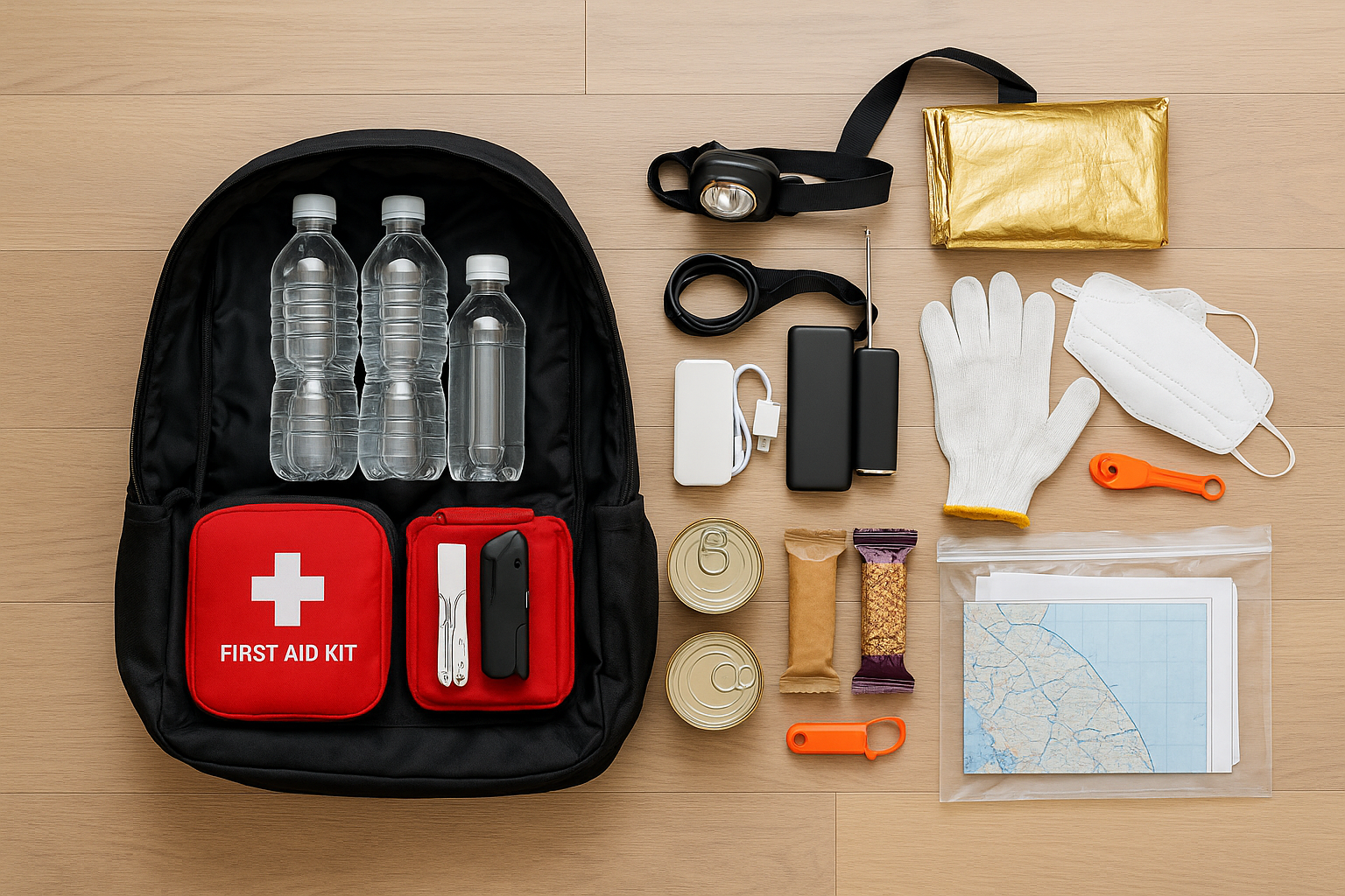 “대피 가방(Go-Bag) 내부 모듈 배치: 500mL 생수, 헤드램프, 휴대 라디오, 보조배터리·케이블, 구급 파우치, 장갑·마스크, 휘슬, 통조림·바, 문서 지퍼백”