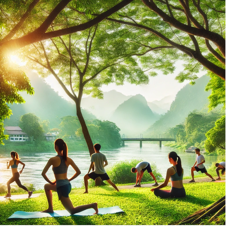 자연에서 운동하고 있는 사진