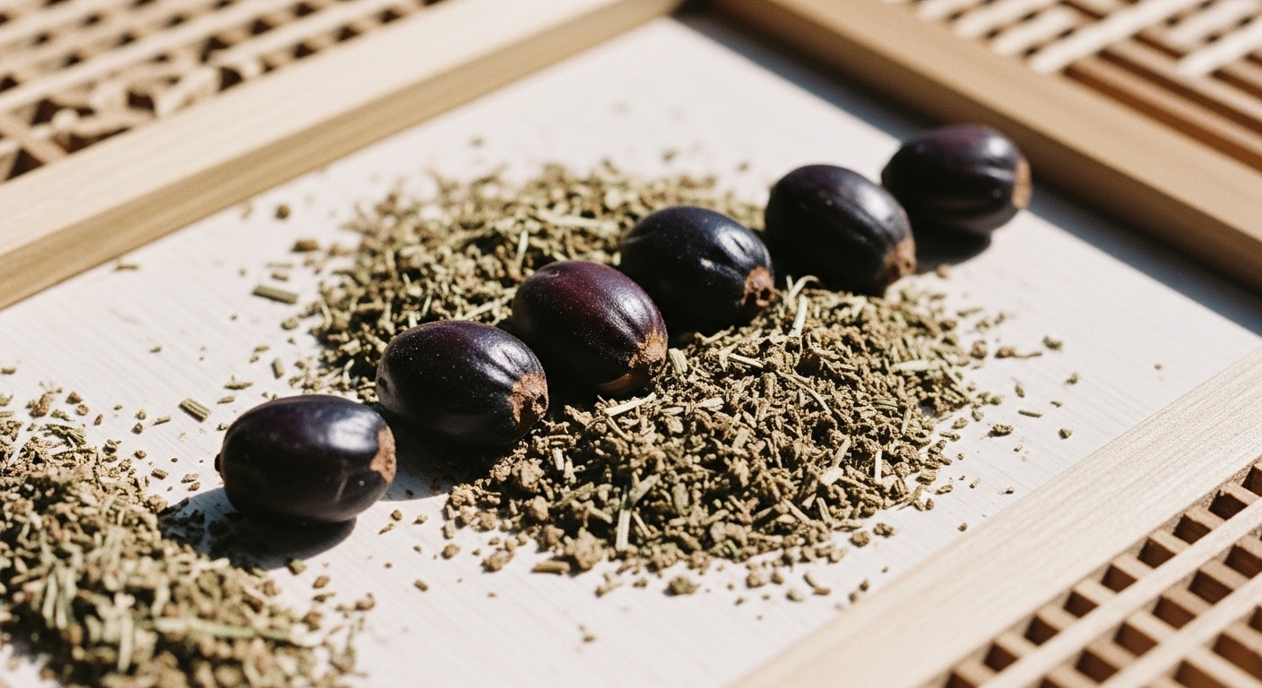 말린-쏘팔메토와-추출한-식물재료를-사실적으로-클로즈업하여-표현했습니다.