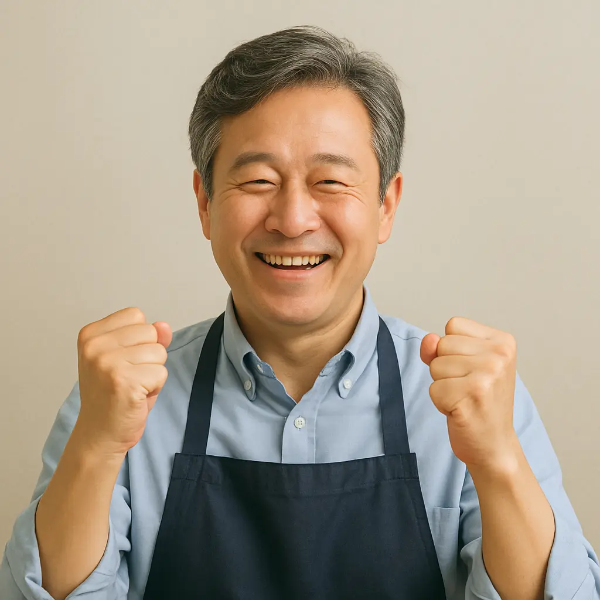 앞치마를 입고 주먹을 쥐며 밝게 웃는 중년 남성의 텍스트 없는 인물 이미지