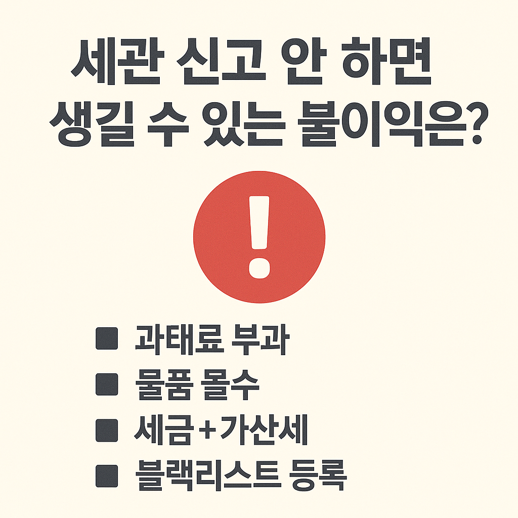 세관 신고 미이행 시 발생할 수 있는 과태료, 몰수, 가산세, 블랙리스트 등록 안내 인포그래픽