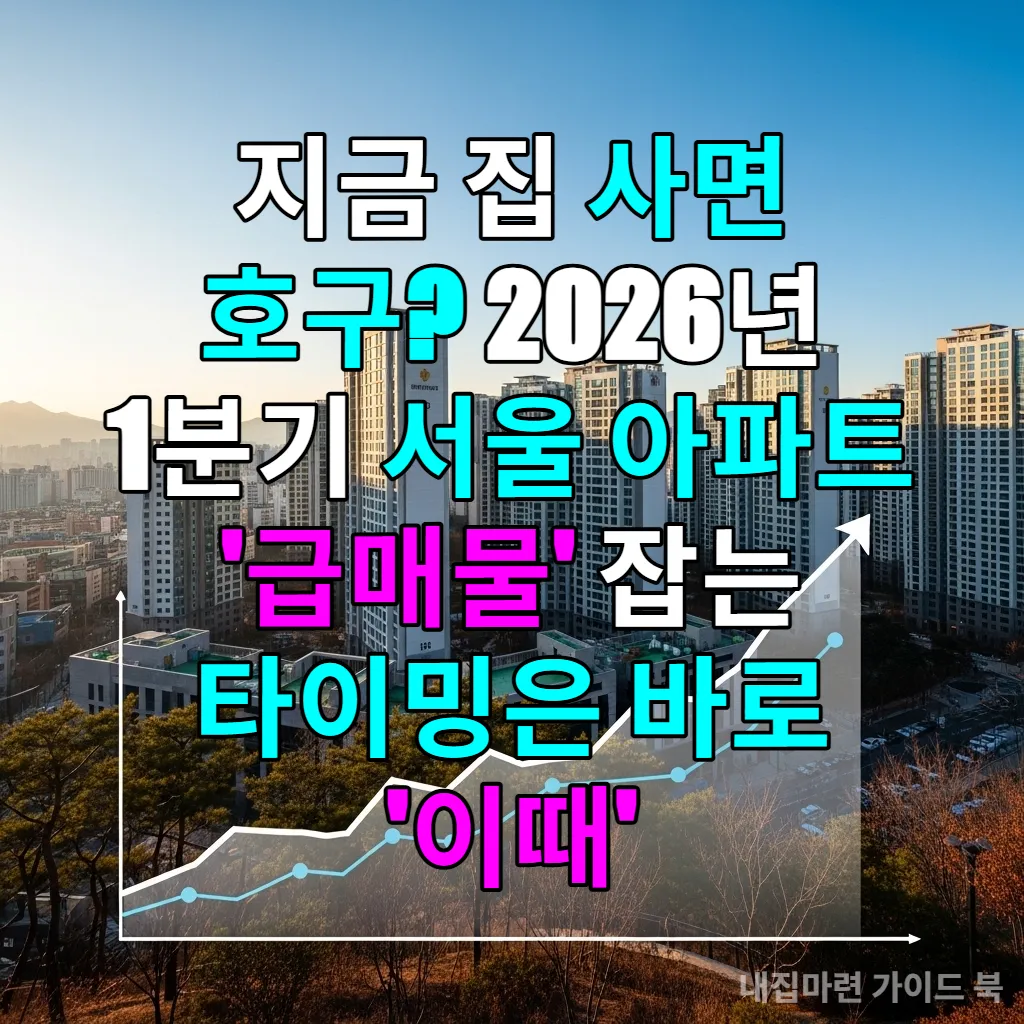 2026년 2월 서울 아파트 단지 전경과 상승하는 부동산 시장 그래프