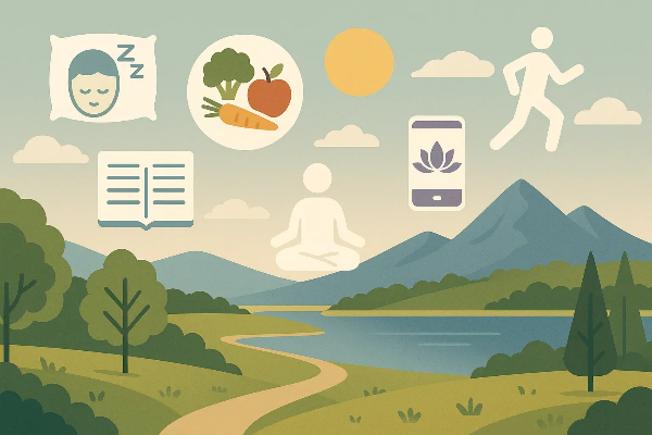 건강한 라이프스타일을 상징하는 자연 속 아이콘 구성 – 명상, 독서, 운동, 건강식, 숙면, 햇빛, 디지털 웰빙 등을 나타냄