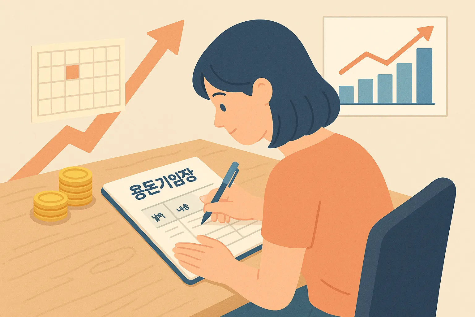 테이블 위에 놓인 용돈기입장에 파란색 펜으로 날짜와 금액을 정성스럽게 기록하는 여성의 모습이 담긴 일러스트입니다. 옆에는 금화가 쌓여 있고, 뒤로는 달력과 성장 그래프가 보여져 소비 습관 개선의 의미를 강조